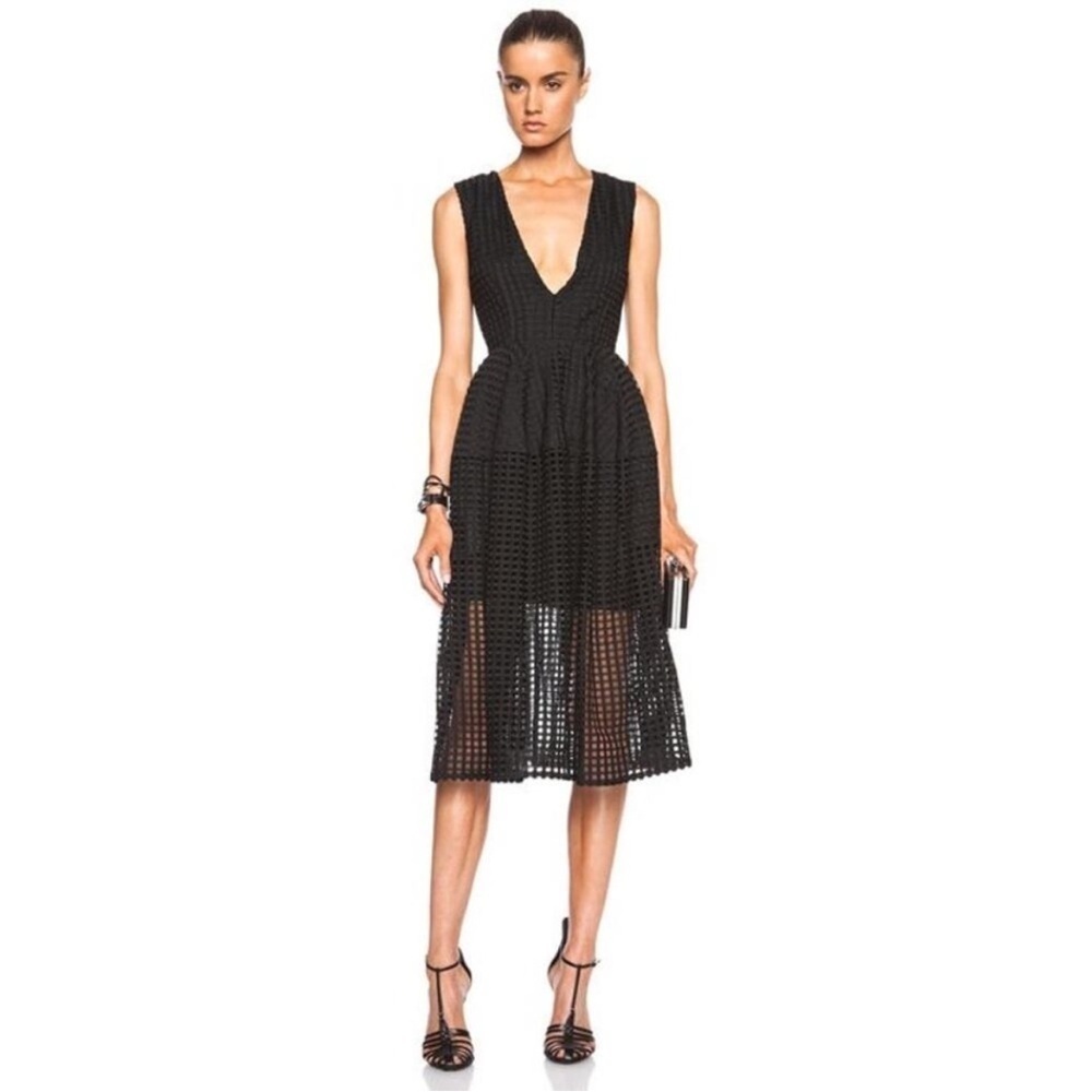 Nicholas Black Grid Lace Deep V Ball Midi Dress Size US 4